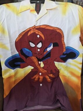Spiderman Graphic Button-Down Shirt in White, Red & Yellow